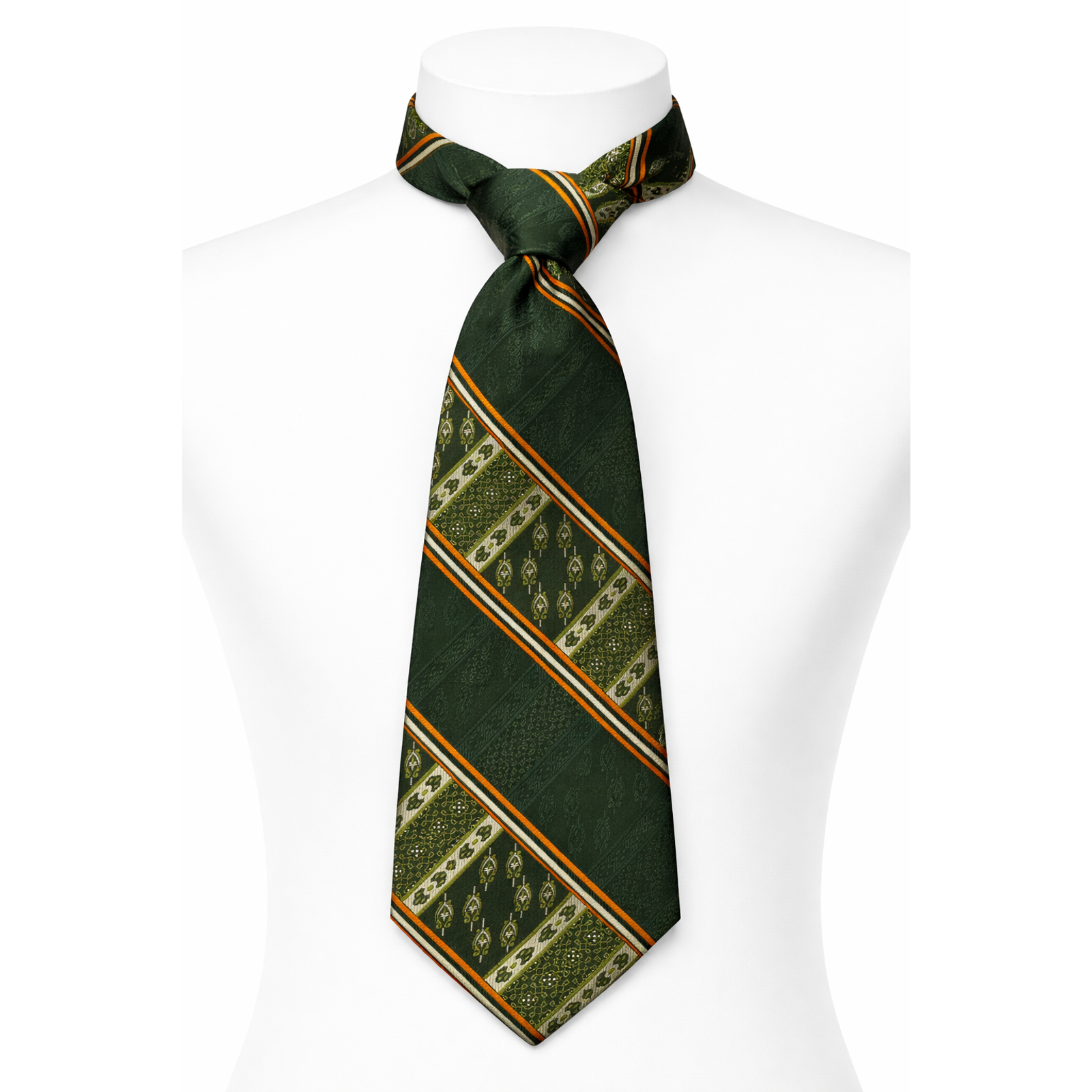 Vintage Green Jacquard Stripe Medallion Necktie Classic Mens Dress Tie One Size